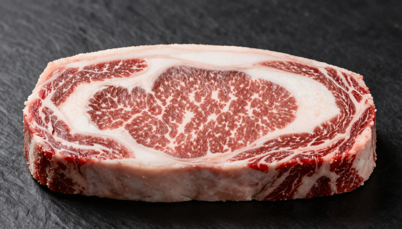 Filete crudo veteado sobre una superficie oscura, que muestra carne roja intensa y vetas de grasa blanca.