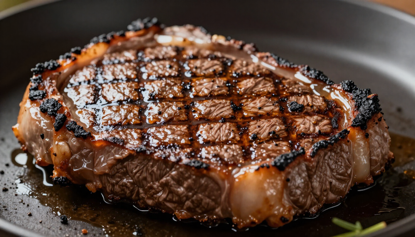 Filete a la parrilla con marcas de sellado en forma de cuadrícula sobre un plato oscuro.