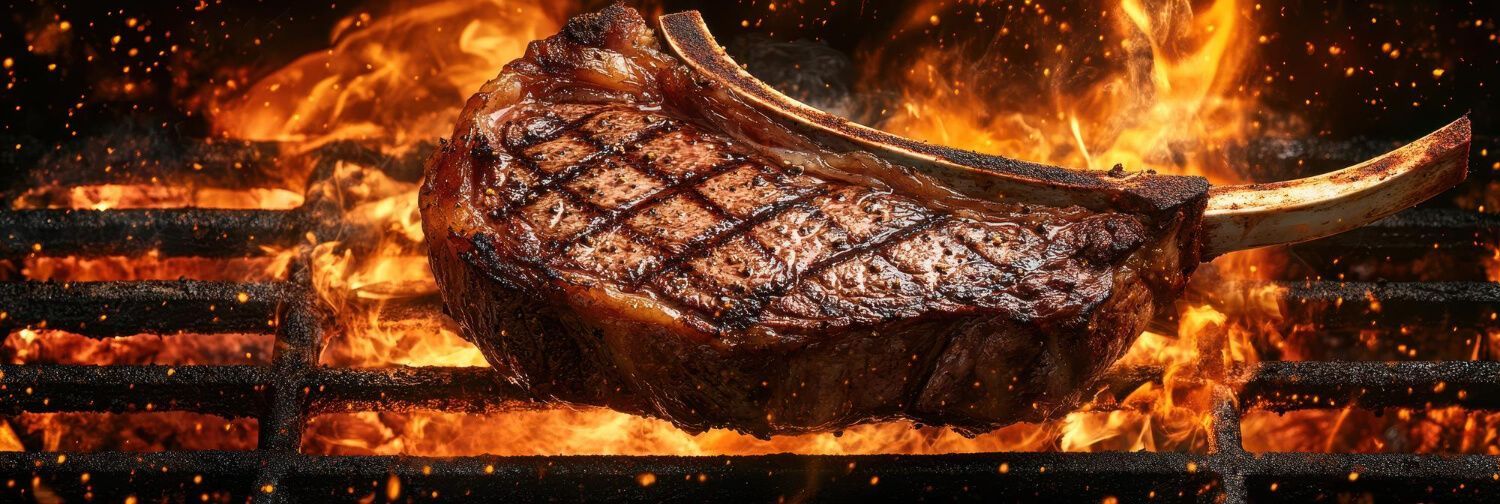 Filete a la parrilla con marcas de ahumado chisporroteando sobre llamas abiertas, iluminado por fuego anaranjado y brasas.