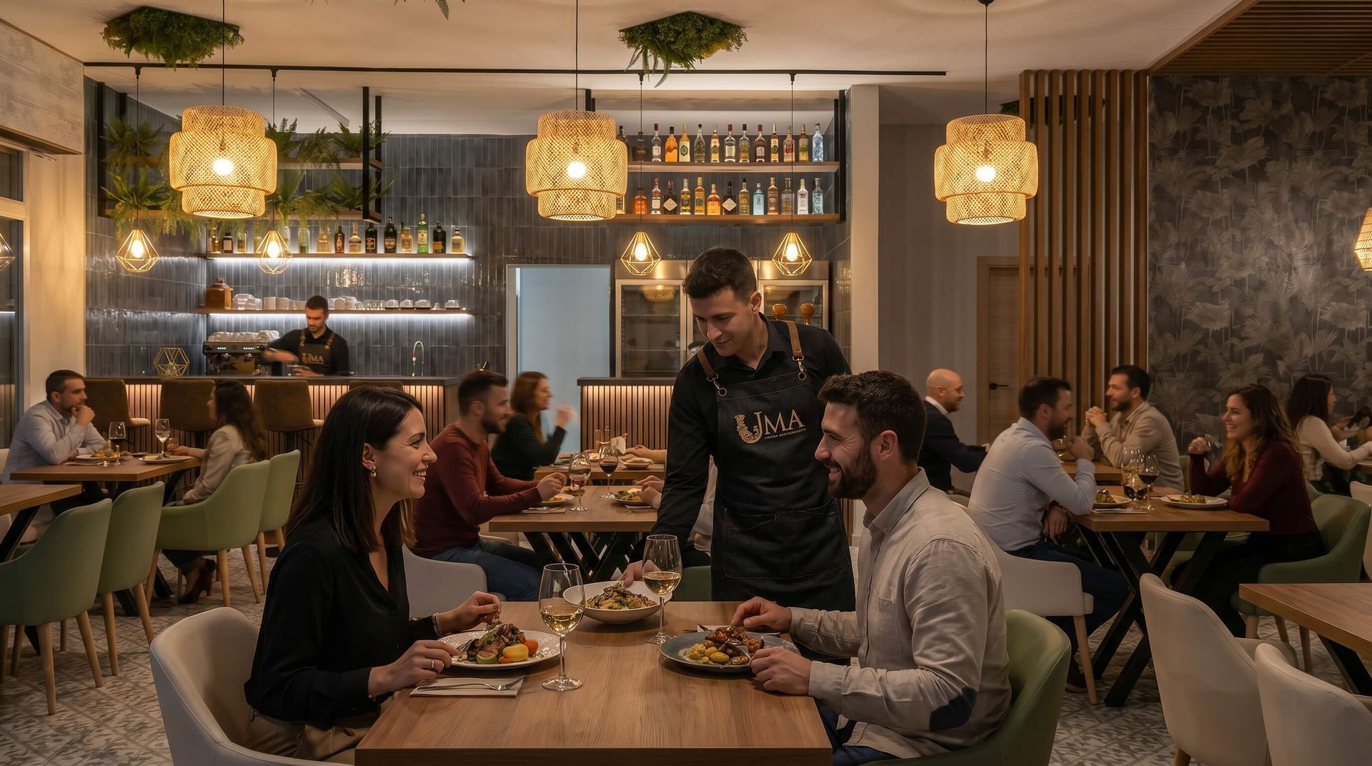 Conversación durante la cena en un restaurante moderno con iluminación cálida