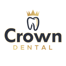 Crown Dental logo: Gold crown above a tooth graphic, 