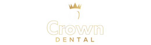 Gold logo for Crown Dental: crown above a tooth shape, 