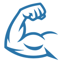 Blauw logo met een gespierde biceps en vuist in de vorm van een gespierde arm.