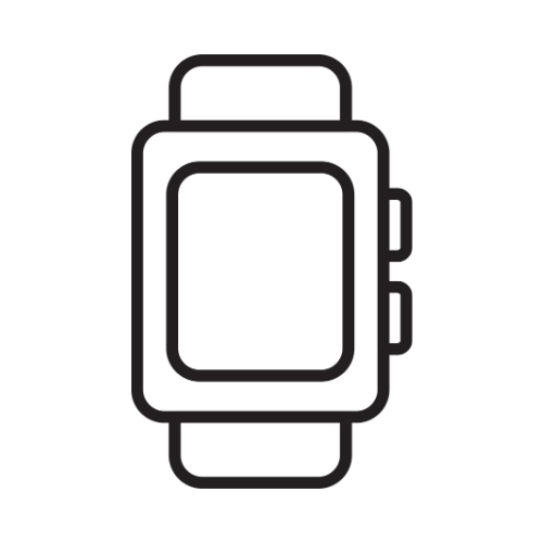 Zwart omlijnd pictogram van een smartwatch met een rechthoekig scherm en knoppen aan de zijkant.
