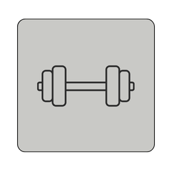 Grijs pictogram van een halter in een afgerond vierkant.
