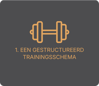 Orange dumbbell icon and text “1. EEN GESTRUCTUREERD TRAININGSSCHEMA” on a dark gray background