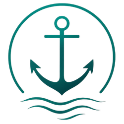 Een turquoise anker met golven in een cirkellogo