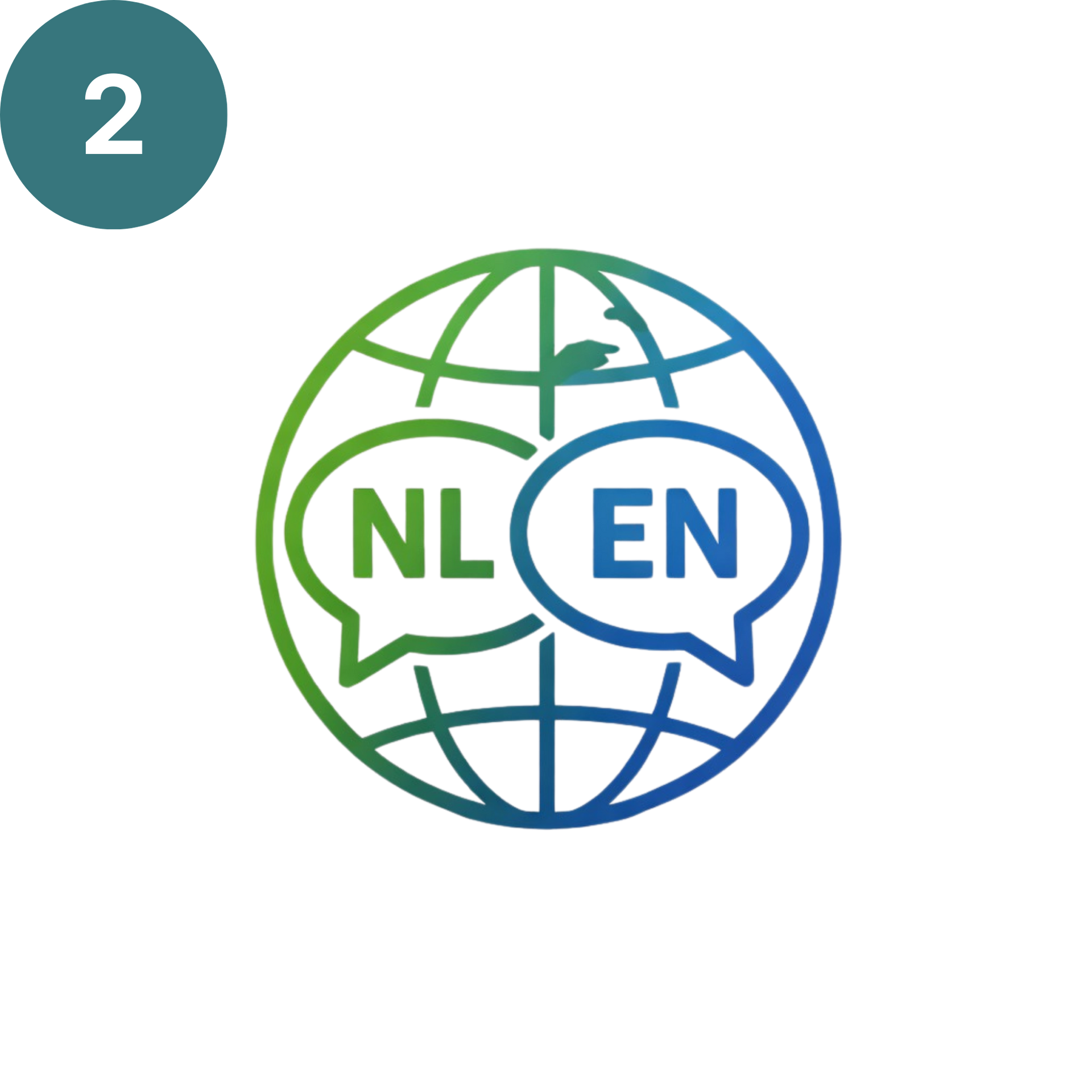 Wereldbolpictogram met groene en blauwe tekstballonnen met de opschriften 