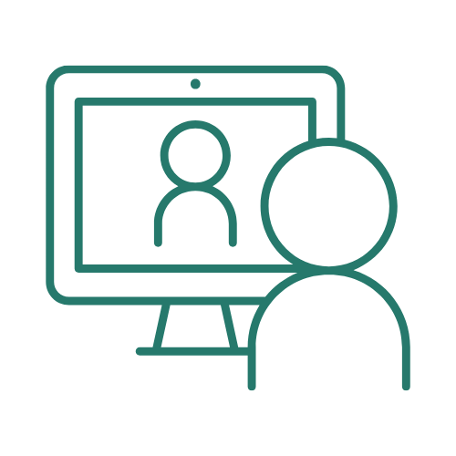 Een turquoise omtrek van een videogesprek op een monitor met twee gebruikerspictogrammen, één binnen het scherm en één ervoor.