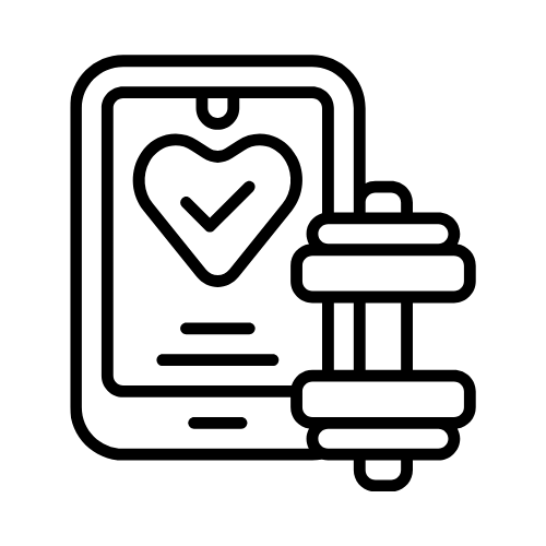Gezondheidsapp-icoon op een telefoon met een hart- en haltersymbool, zwarte omlijning op een witte achtergrond