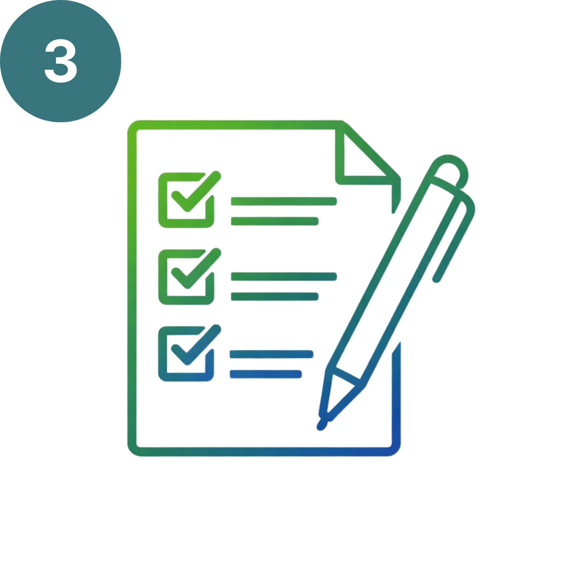 Checklistdocument met groene en blauwe vinkjes, regelitems en een potloodpictogram.