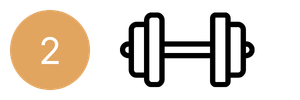 Oranje cirkel met het cijfer 2 ernaast, naast een zwart halterpictogram.