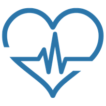 Blauwe hartvorm met daarin een witte ECG-hartslaglijn, die samen een medisch gezondheidssymbool vormen.