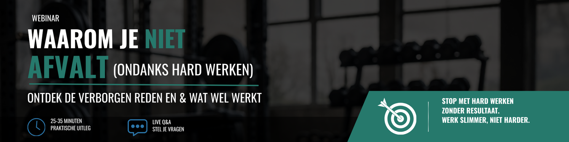 Poster met Nederlandse tekst over oefeningen tegen rugpijn, waarop een persoon te zien is die gewichten heft in een sportschool.