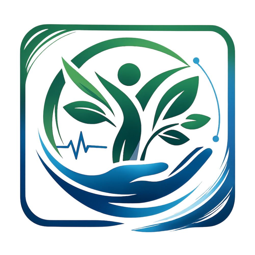 Groen-blauw logo voor ecologische gezondheid met een persoon, bladeren, een hartslaglijn en komvormige handen in een afgerond vierkant.