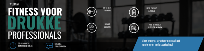Fitnessposter voor drankprofessionals met een zwarte achtergrond, witte tekst en een blauw label aan de rechterkant.