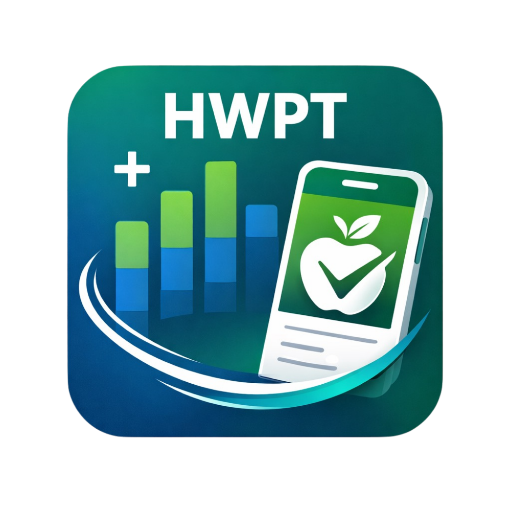 Het HWPT-applogo met een medisch kruis, een staafdiagram en een smartphone met een bladvinkje op een groenblauwe achtergrond.