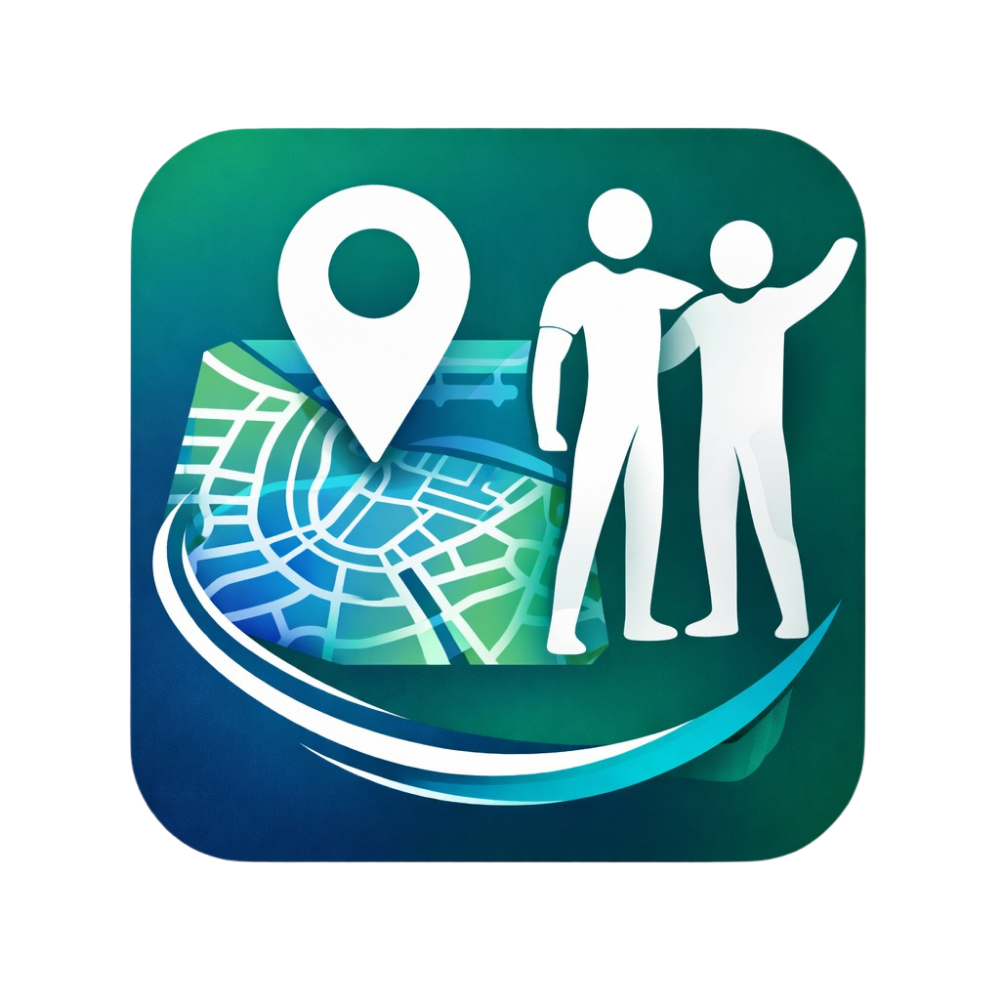 Pictogram van een kaartapp met een locatiepin en twee personen op een turquoiseblauwe achtergrond.