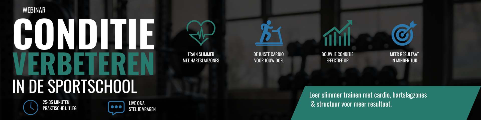 Banner for sports park: “CONDITIE VERBETEREN IN DE SPORTSCHOOL” with fitness icons on a dark background.