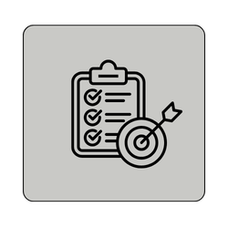 Checklist-klembord met doelwit- en pijlpictogram in zwarte omlijning op een grijze, afgeronde vierkante achtergrond.