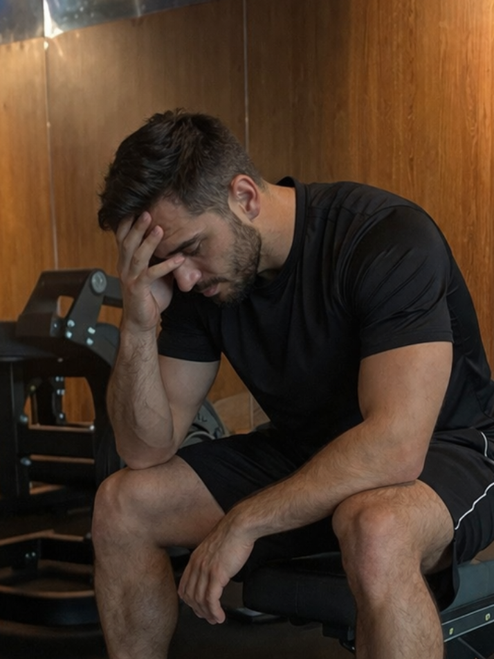 Een man zit op een fitnessbank, voorovergebogen met zijn hand op zijn voorhoofd, in een donkere kamer met houten lambrisering.