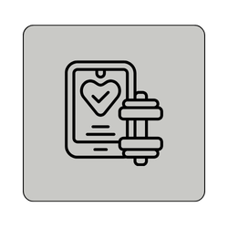 Zwart lijnicoon van een gezondheidsapp of -document met een hartje en een halter op een grijs, afgerond vierkant.