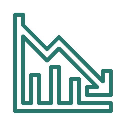 Turquoise lijndiagrampictogram met een neerwaartse trend en staafdiagram op een witte achtergrond
