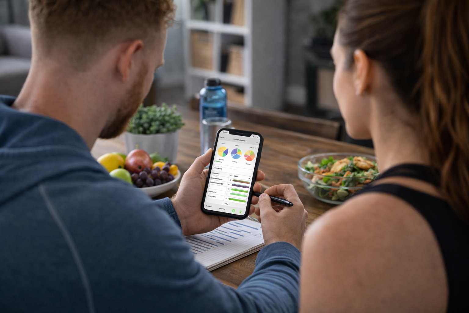 Twee mensen zitten aan een eettafel en kijken naar een smartphone waarop een app voor eten te zien is.