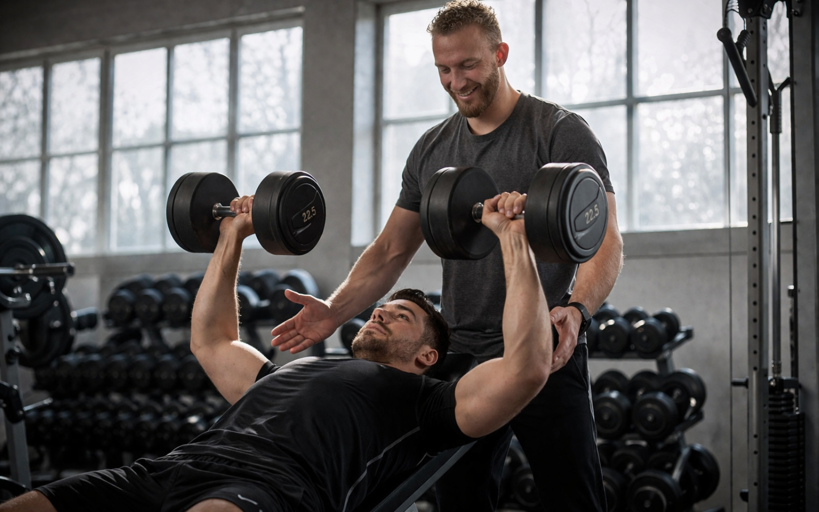Een man tilt halters op bij een bankdrukbank terwijl een trainer hem in de gaten houdt in een sportschool.