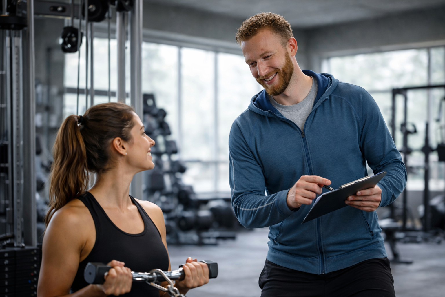 Trainer en cliënt in een sportschool; zij lacht terwijl ze gewichten heft en hij een tablet bekijkt.