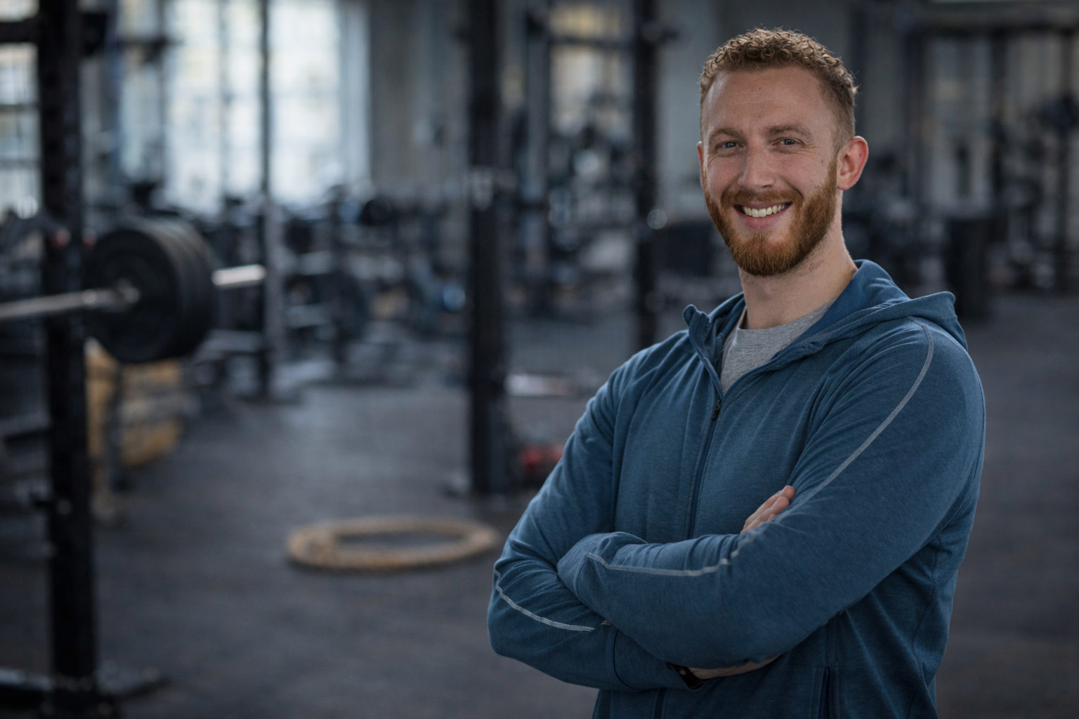 Een lachende man in een blauwe hoodie met de armen over elkaar in een sportschool.