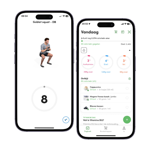 Twee schermen van een fitness-app voor smartphones: een scherm dat het aantal squats weergeeft en een dashboard met trainingsgegevens en voortgangsstatistieken.