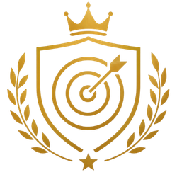 Gouden schildlogo met kroon, lauwerkrans en ster op een witte achtergrond.