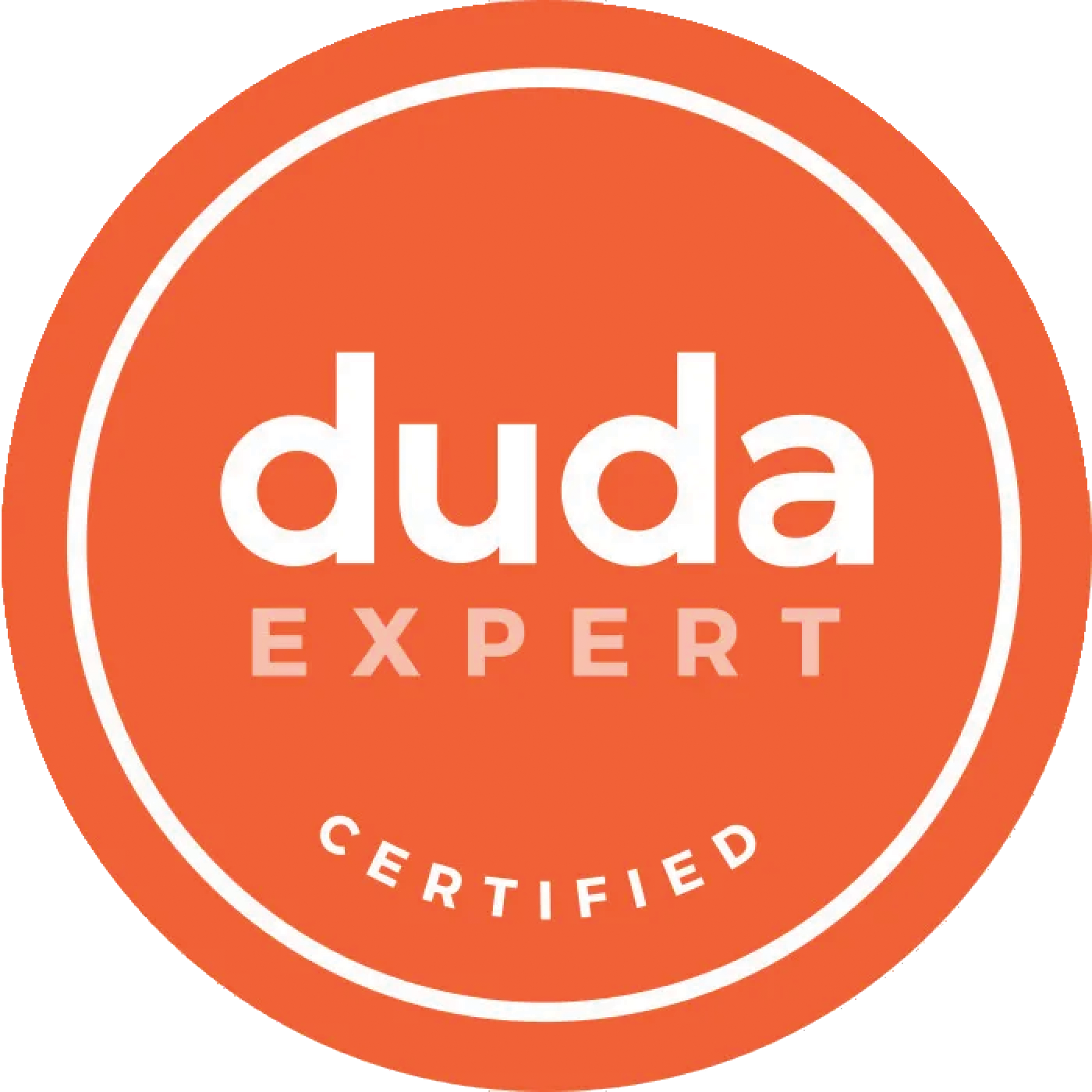An orange circle with the words duda expert certified on it