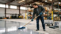 An adult male applies a concrete floor coating in garage with a handled applicator.