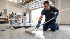 A man on his knees on a concrete floor while applying a floor coating using a long-handled tool.
