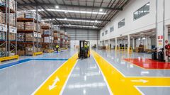 A brightly lit warehouse with newly coated epoxy flooring in a variety of colors.