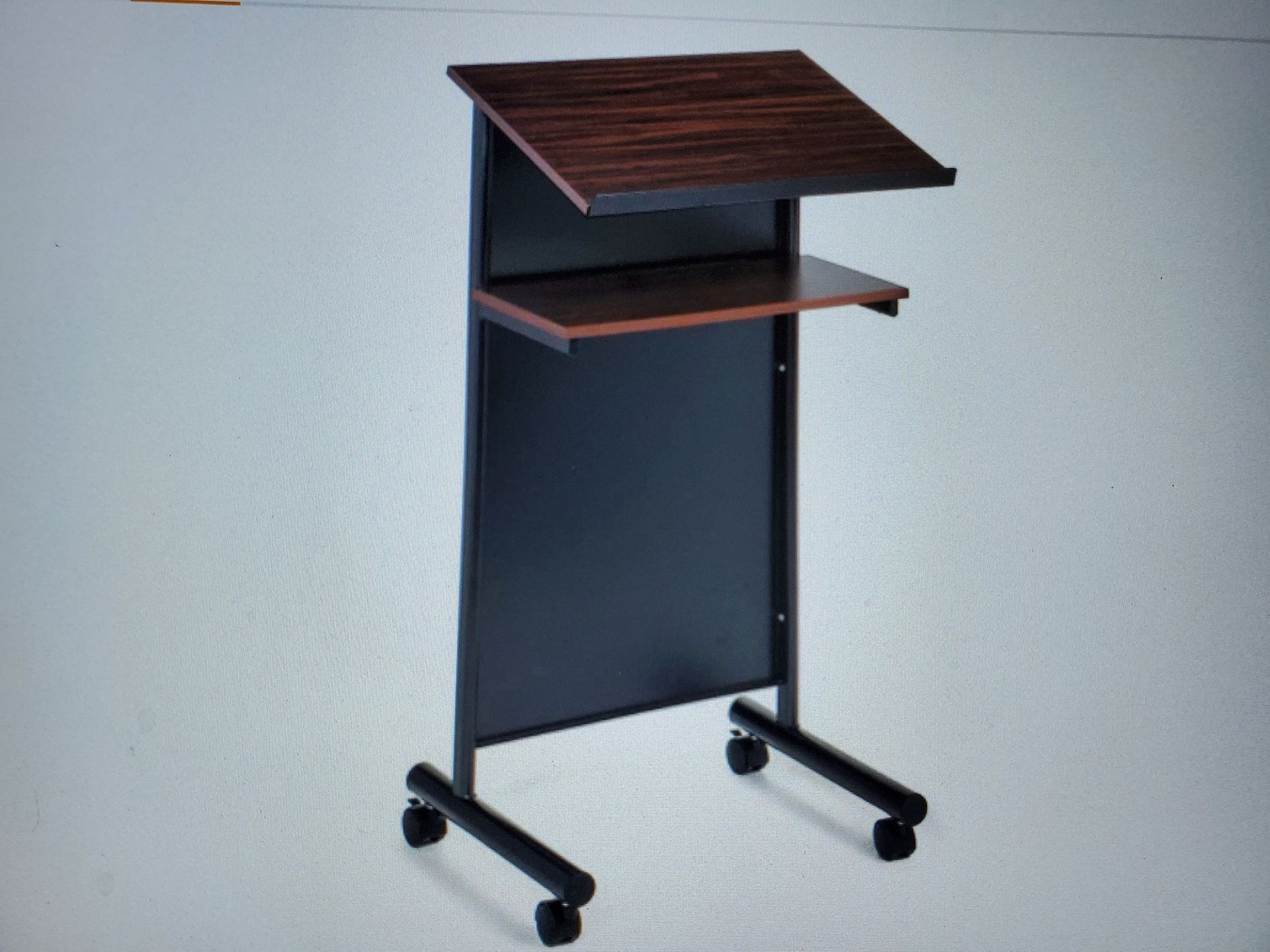A wooden podium with wheels on a white background