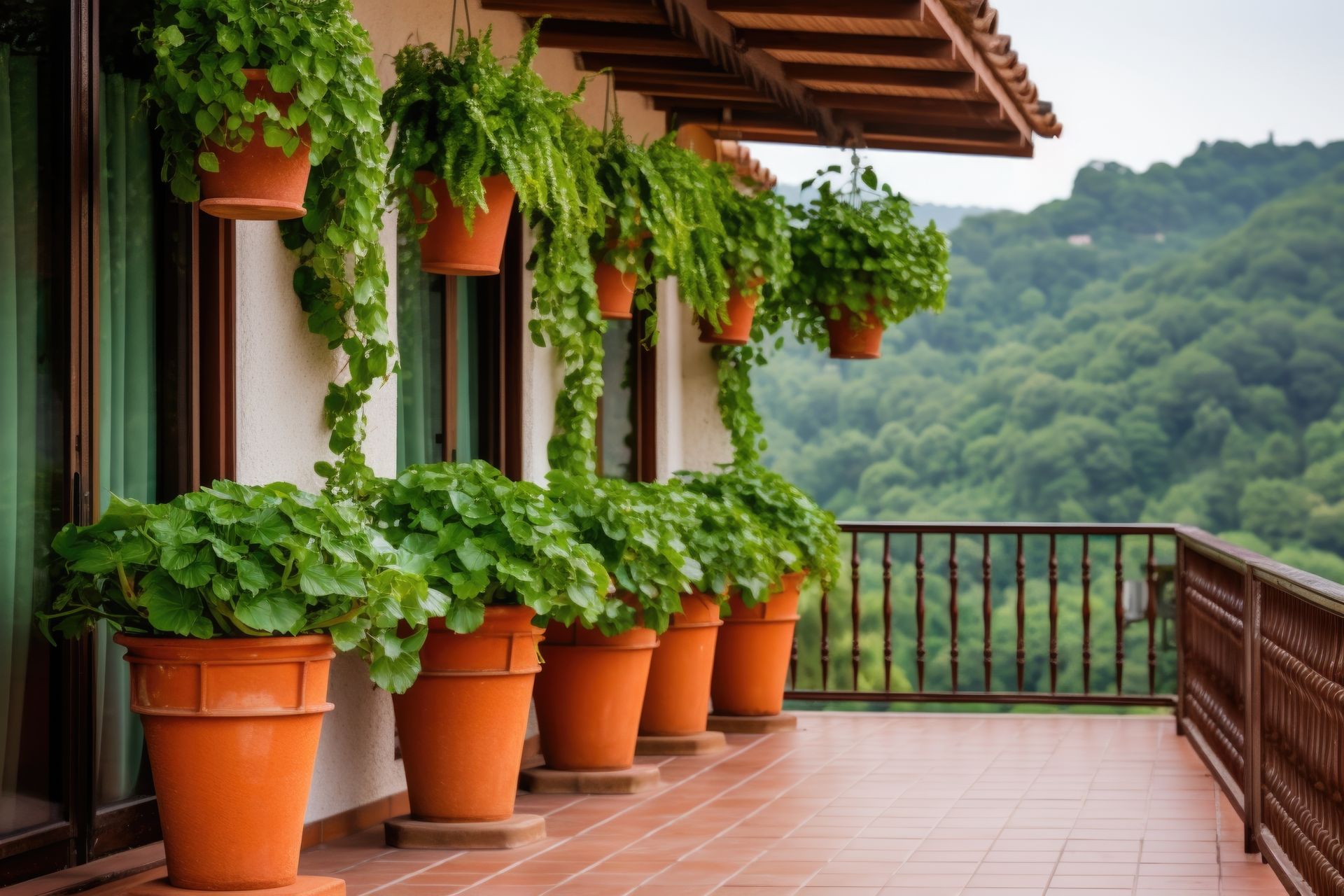 Un balcone con tante piante in vaso appese al soffitto.