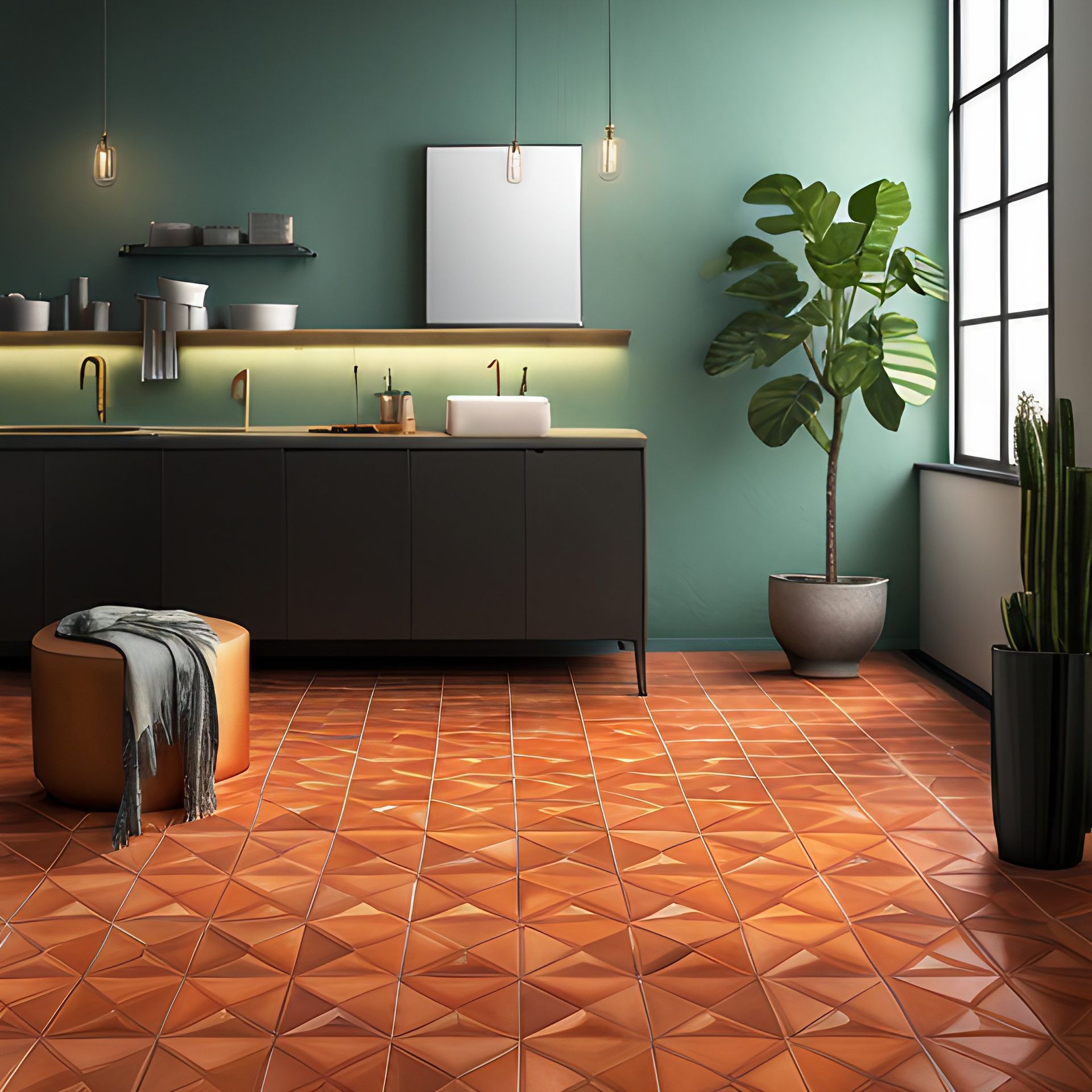 Un bagno con pavimento piastrellato, pareti verdi e lavandino.