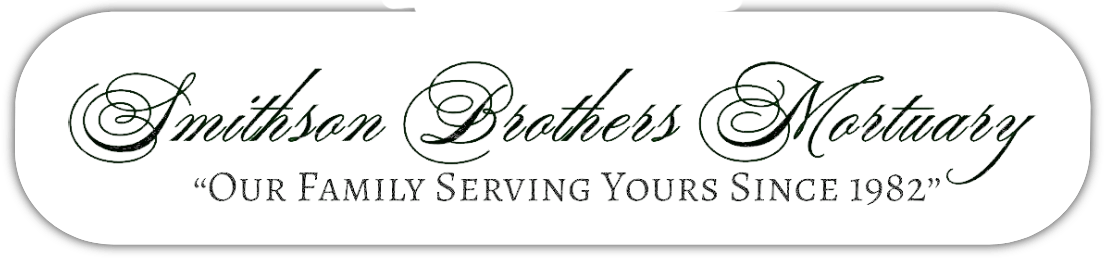 Logo for Smithson Brothers Mortuary featuring cursive text and the slogan "Our family serving yours since 1932."