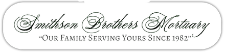 Logo for Smithson Brothers Mortuary featuring cursive text and the slogan "Our family serving yours since 1932."