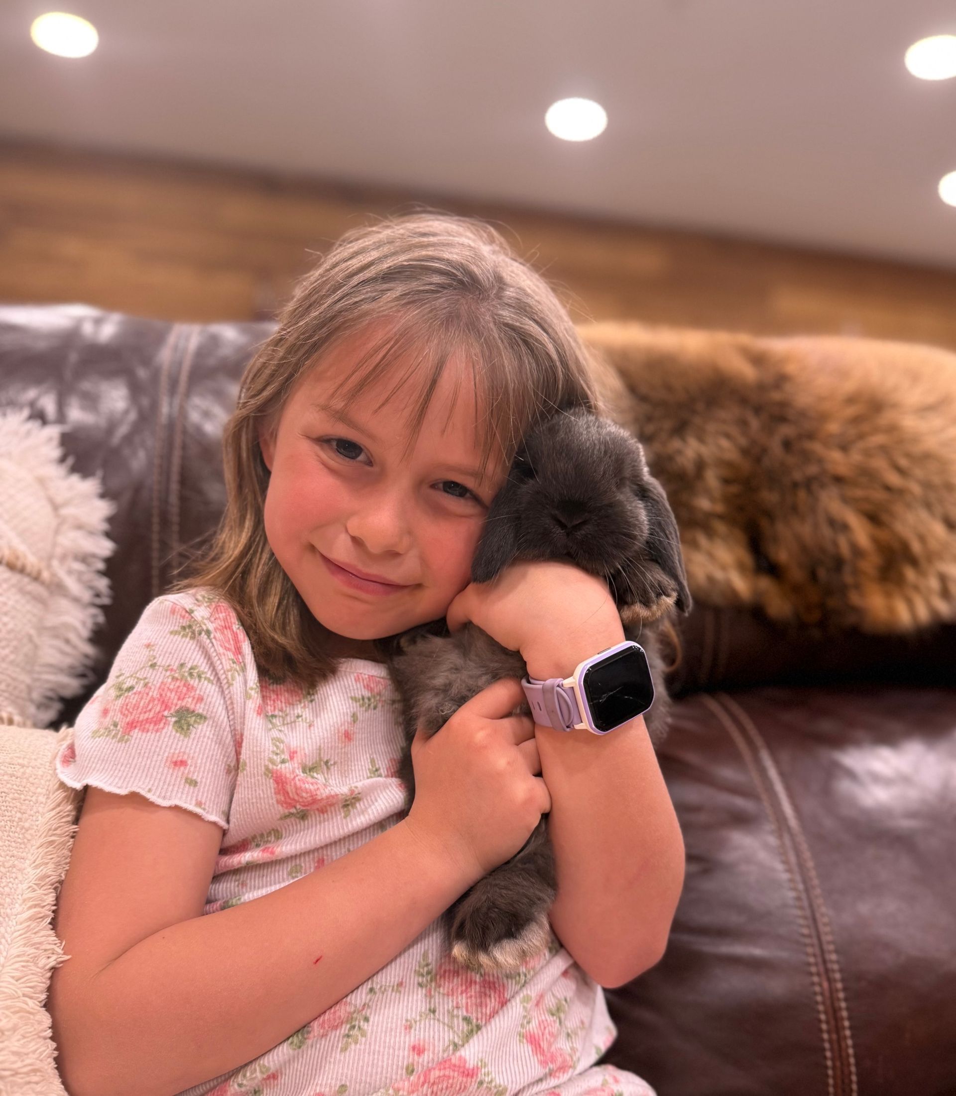 Cute Little Girl Cuddling a Pet Holland Lop Bunny