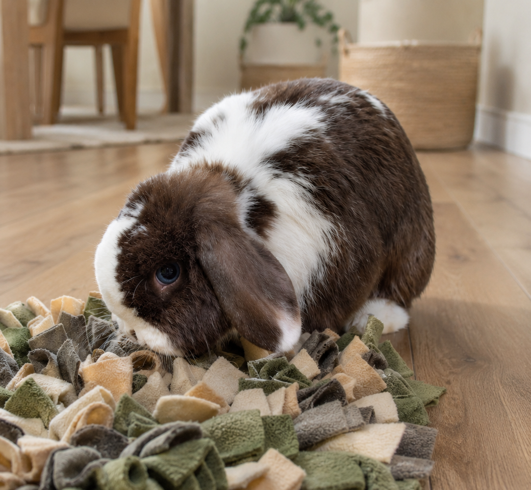 Bonded Bunnies Enjoying Enrichment on the Rug