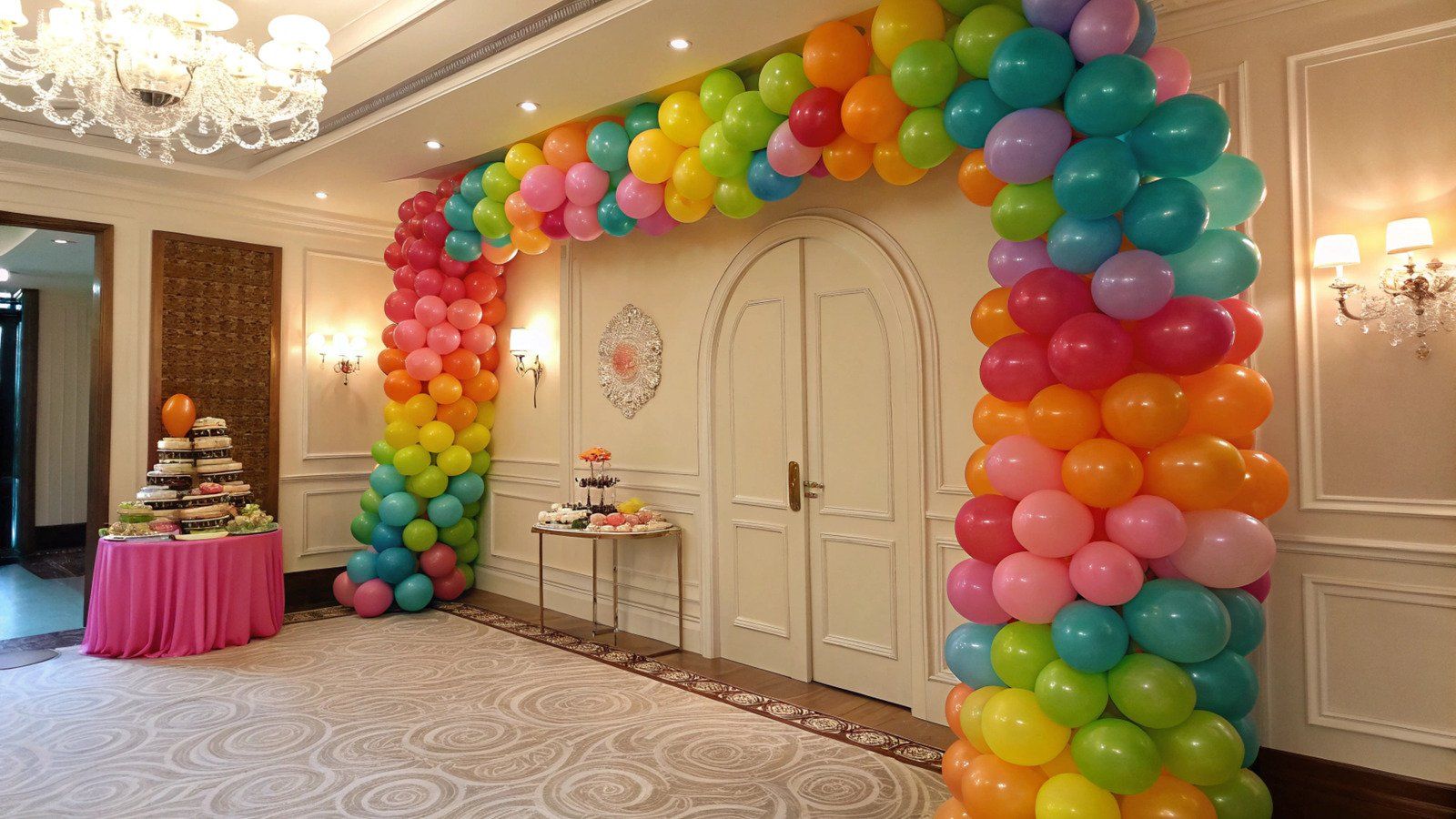 Rainbow balloon arch over white double doors, party decorations in a room.