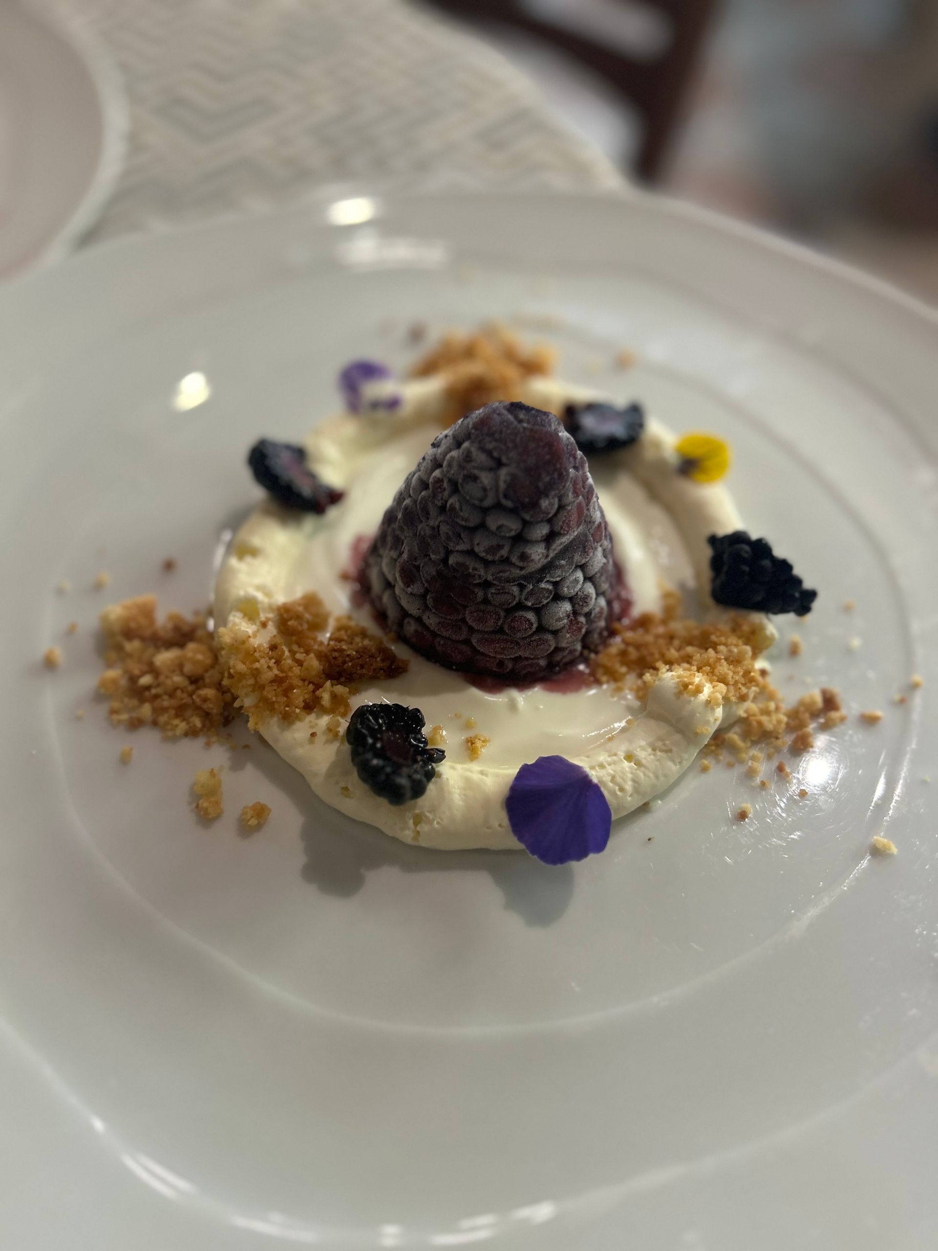 Un piatto da dessert bianco con una crema pasticcera guarnita con frutti di bosco, briciole di biscotti e mirtilli su un tavolo.