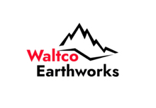 Waltco Earthworks logo with red and black text and a black mountain graphic