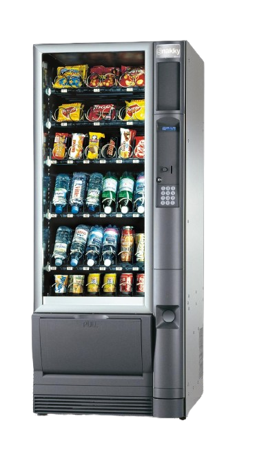 un distributore automatico pieno di snack e bevande su uno sfondo bianco