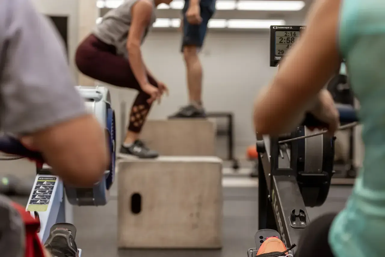People working out in a gym; some rowing, one doing box jumps.