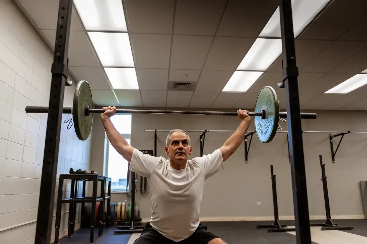 Man overhead presses a barbell in a gym, squatting low.